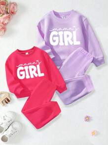 2pcs Young Girl Casual Simple Letter Slogan Printed Crew Neck Sweatshirt And Jogger Pants Set