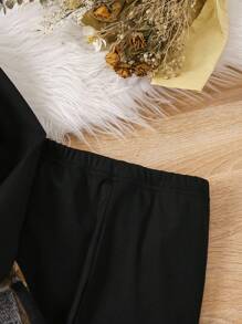 SHEIN Elladie kids 2 chiếc áo thun dài tay cổ tròn màu trơn cho bé gái trẻ, áo vest kẻ caro không tay và quần dài trang phục thường ngày - màu đen - Xem 7