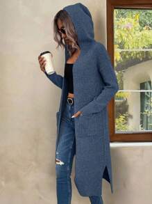 EMERY ROSE 女式纯色落肩长袖双口袋休闲连帽开衫，秋冬 - 霧霾藍 - 查看 1