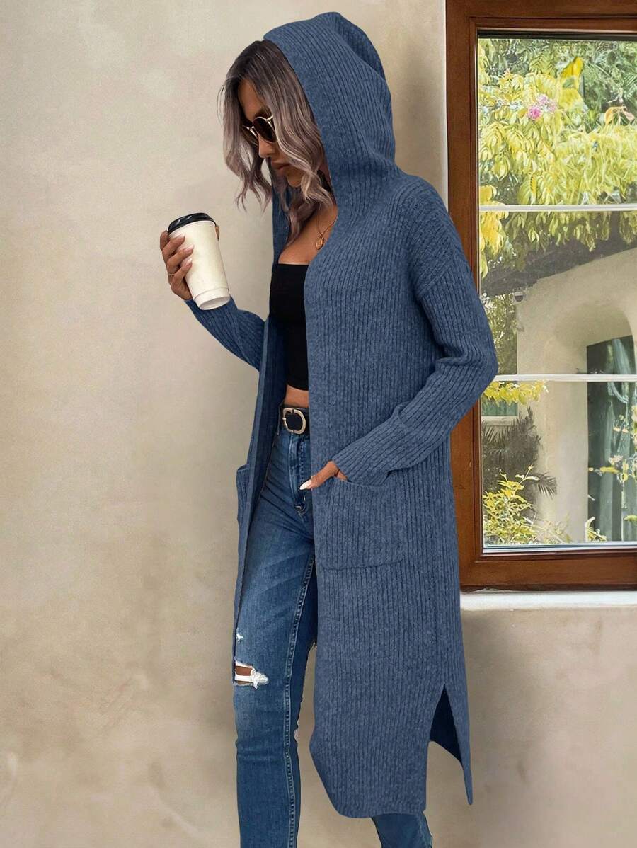 EMERY ROSE 女式纯色落肩长袖双口袋休闲连帽开衫，秋冬 - 霧霾藍 - 查看 1