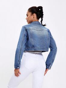 Women's Spring And Autumn Long Sleeve Single-Breasted Distressed Casual Short Denim Top - Blue - View 2