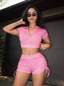 Zolique 2 piezas/Set top corto y pantalones cortos con cordón casual de verano - Rosa - Ver 1