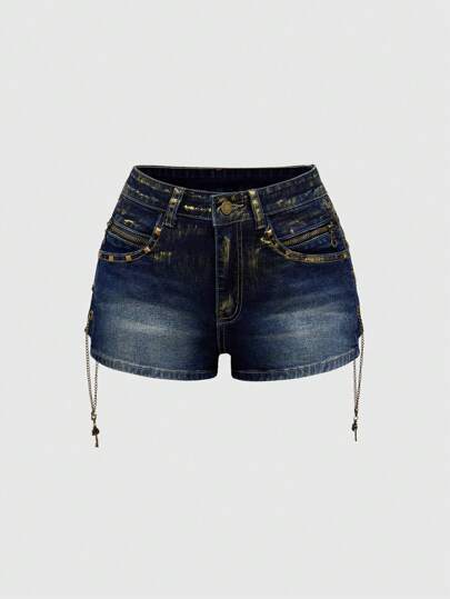 Grunge Punk Women's Fashion Rivet Chain Decor Fitted Denim Shorts, Summer