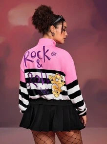 SHEIN X Care Bears Designer 1pc Plus Size Casual Cartoon Bear & Contrast Stripe Print Half Zip Mock Neck Sweatshirt, Spring Autumn, Holiday, Thanksgiving, Winter, Festival