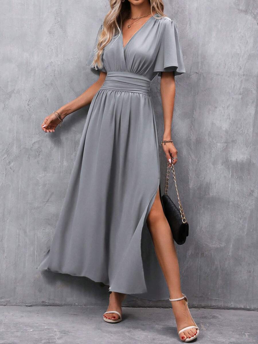 EMERY ROSE Summer Casual Solid Side Slit Dress Maxi Women Outfit - Grey - View 1