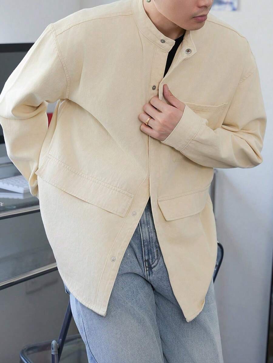 Claim Dot Casual Retro Loose Fit Light Khaki Denim Men's Shirt - Dusty Blue - View 1