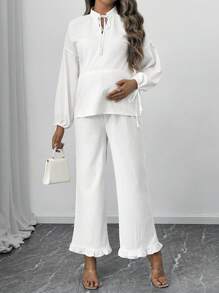 SHEIN Bộ 2 chiếc áo thun tay loe cổ chữ V rộng rãi màu trơn và quần ống rộng, dành cho bà bầu - trắng - Xem 5