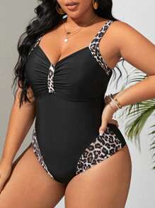 Swim Lushoire Summer Beach Plus Leopard Print Ruched One Piece Swimsuit