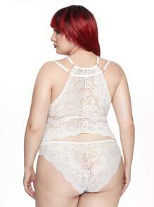 ROMWE Kawaii Set de lencería con sujetador inalámbrico con combinación de punto acanalado y encaje, tallas grandes cómodas - Gris - Ver 2