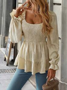 SHEIN LUNE Áo thun dài tay xếp ly xếp nếp màu trơn có viền trang trí cho nữ, trang phục thường ngày - Màu be - Xem 5