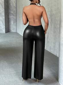 Slaydiva Sexy Black PU Deep V-Neck Open Back Gold Metal Button Fitted Jumpsuit - Black - View 2