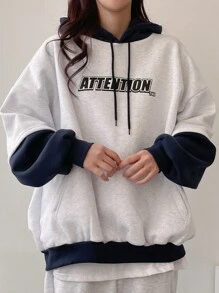 DAZY 女士撞色字母印花连帽卫衣，长袖上衣，秋季连帽衫 - 淺灰色 - 查看 6