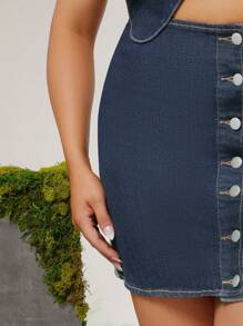 evoluSHEIN X Anitta Luiza Gafas Vestido vaquero de verano, vacaciones, fiesta, Acción de Gracias, cumpleaños y festivales, de talla grande, en estilo de diseñador con bloques de color en contraste y recortes