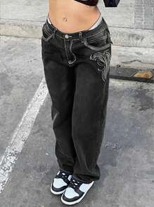 女士修身刺绣黑色直筒裤 休闲春季款 - 黑色 - 查看 2