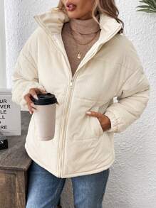 SHEIN LUNE 1pc Women's Solid Color Long Sleeve Zip-Up Corduroy Padded Padded Coat, Winter - Apricot - View 4