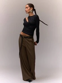 MUSERA Top de manga larga con corte asimétrico, casual de verano, básico de armario cápsula para vacaciones, sexy y lindo para el aeropuerto y vacaciones - Negro - Ver 4