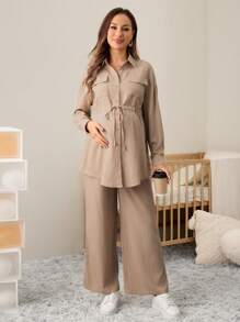 MaterniWear Bộ 2 áo sơ mi dài tay buộc eo thường ngày cho bà bầu và quần cạp có thể điều chỉnh, Xuân/Hè - Màu Khaki - Xem 6