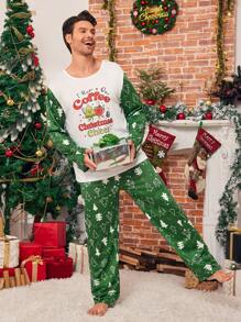 SHEIN 2 件男士圣诞睡衣套装，节日派对配套家庭睡衣，长袖上衣和裤子，舒适经典面料，冬季圣诞装饰 - 綠色 - 查看 2