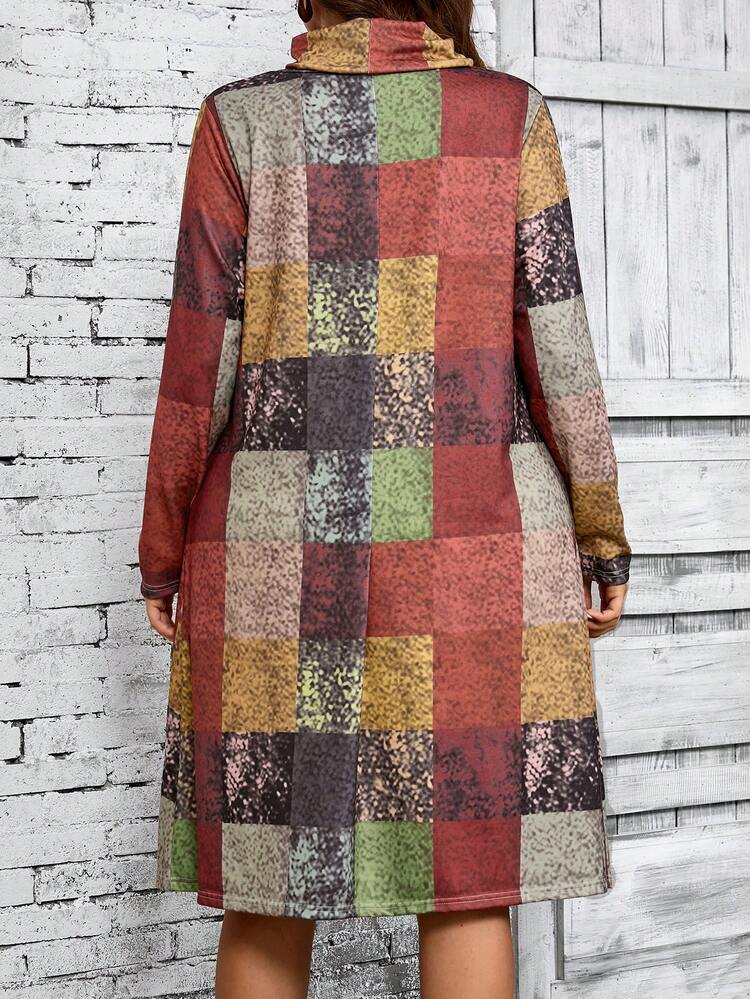 Plus Size Vintage Check Pattern Turtleneck Asymmetrical Dress,Fall Women Clothes