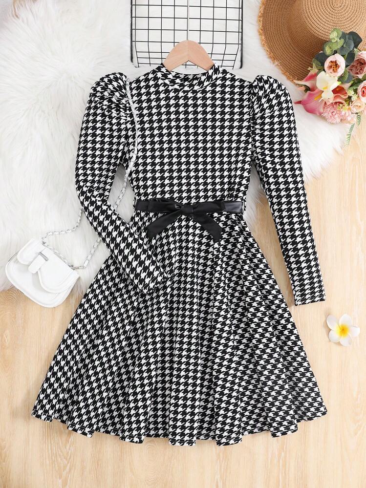 SHEIN Tween Girls Ribbed Houndstooth Pattern Bishop Sleeve Wrap Waist Long  Sleeve Dress | SHEIN USA