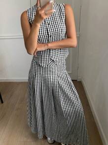 Livesso 2 件套女士春夏休闲格子背心和裙子套装，秋季服装 - 黑色 - 查看 9