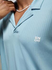 AKNOTIC Business Casual Chemise polo décontractée à col claudine, imprimé lettres, maille ajustée, été - Bleu ciel - Voir 1