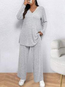 EMERY ROSE Conjunto de 2 piezas de top de manga larga de cuello en V de punto acanalado y pantalones de unicolor, para uso casual diario, talla grande - Gris - Ver 4