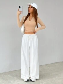 SHEIN Tall Soft White Knitted Home Baggy Pants, Loose Pants - White - View 6