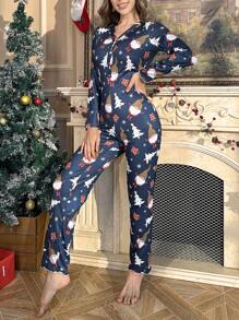 Christmas Themed Print Long Sleeve Jumpsuit - Navy Blue - View 1