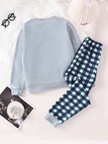 2 件套青少年男孩服装：灰色休闲咖啡色字母图案印花长袖上衣和格子长裤、家居服 - 灰色 - 查看 2