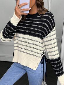 SHEIN LUNE Maglione oversize da donna con collo rotondo, maniche lunghe, righe laterali e laccio, adatto per autunno/inverno, maglia a pullover per l'autunno - Bianco e nero - Visualizzare 1