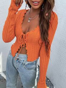 Chiquease Áo khoác cardigan ngắn tay dài buộc nơ phía trước màu trơn cho nữ - trái cam - Xem 3