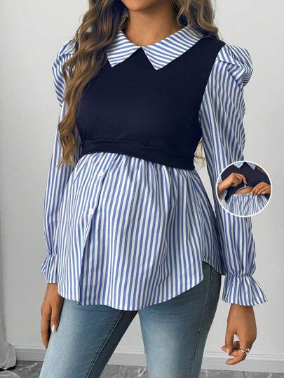 SHEIN Maternity Spring/Autumn Casual Stripe Patchwork Puff Sleeve 2 In 1 Nursing Shirt
