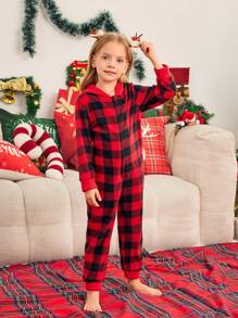 SHEIN Conjunto de pijama de Navidad para niñas, ropa de dormir a juego para fiesta navideña familiar, mono con estampado a cuadros, tela suave y cálida, decoraciones navideñas de otoño e invierno - Rojo - Ver 7