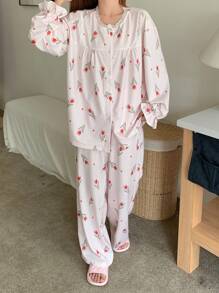 DAZY Ensemble de pyjama avec volant à motif tulipe - Nude - Voir 8