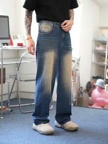 Manfinity Hypemode Men's Dark Blue Washed Loose Wide Leg Casual Business Jeans