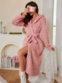 Bata de felpa con estampado de corazón, con cinturón, adorable, para otoño e invierno, esponjosa