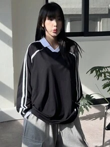 DAZY Women's Contrast Color Block Letter Print Streetwear Sweatshirt,Fall Clothes - Black - View 6