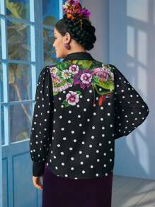 Frida Kahlo X SHEIN Plus Size Modieuze Polka Dot Puff Sleeve Bloemenprint Blouse, Geschikt Voor Woon-werkverkeer En Vakantie, Zwart