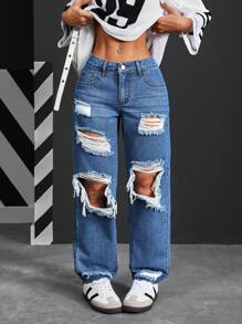 SHEIN PETITE Women's Loose Fit Straight Leg Distressed Pocket Jeans - Blue - View 7