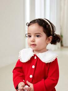 SHEIN Baby Girl Warm & Elegant Red Ruffled Collar Long Sleeve Knee-Length Dress For Christmas Party And Casual Outings, Autumn Winter - Red - View 4