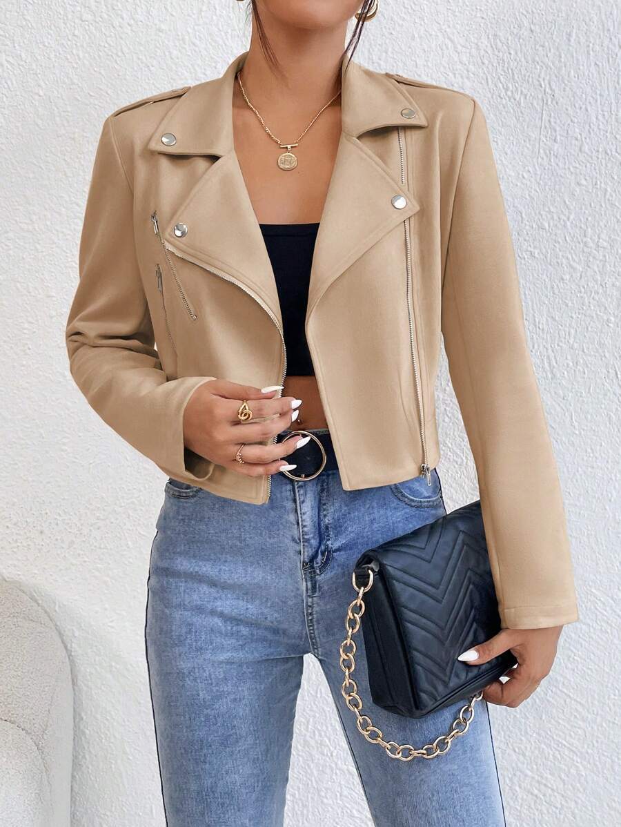 SHEIN LUNE Plus Size Women's Lapel Zip-Up Biker Jacket Fall Winter Cloth For Women Autumn - Khaki - View 1