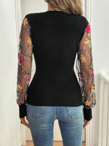 SHEIN Clasi Damen V-Ausschnitt Pullover mit Blumenstickerei, Mesh-Einsätzen und Langarm, Frühling/Herbst