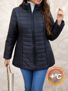 SHEIN Clasi 大码黑色加垫拉链连帽派克大衣，带斜口袋