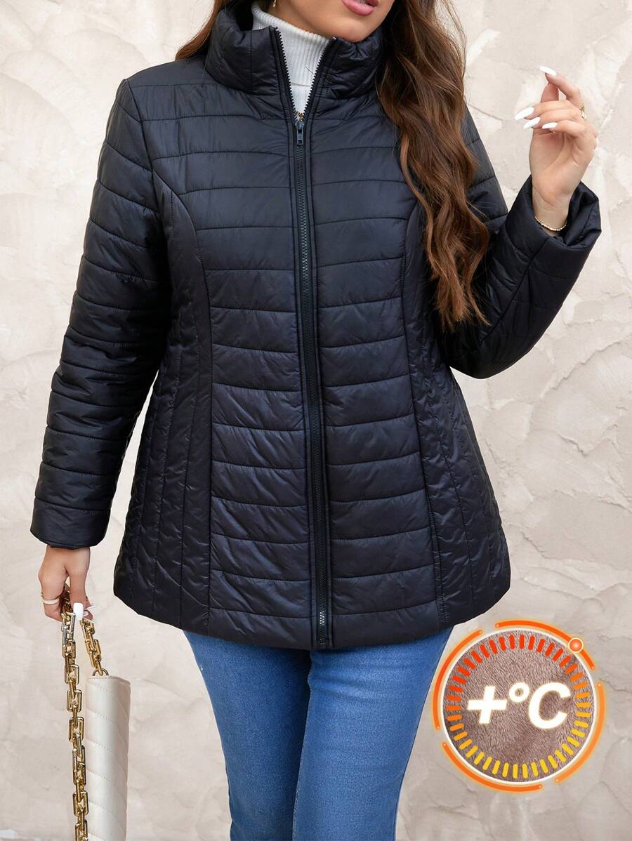 SHEIN Clasi 大码黑色加垫拉链连帽派克大衣，带斜口袋