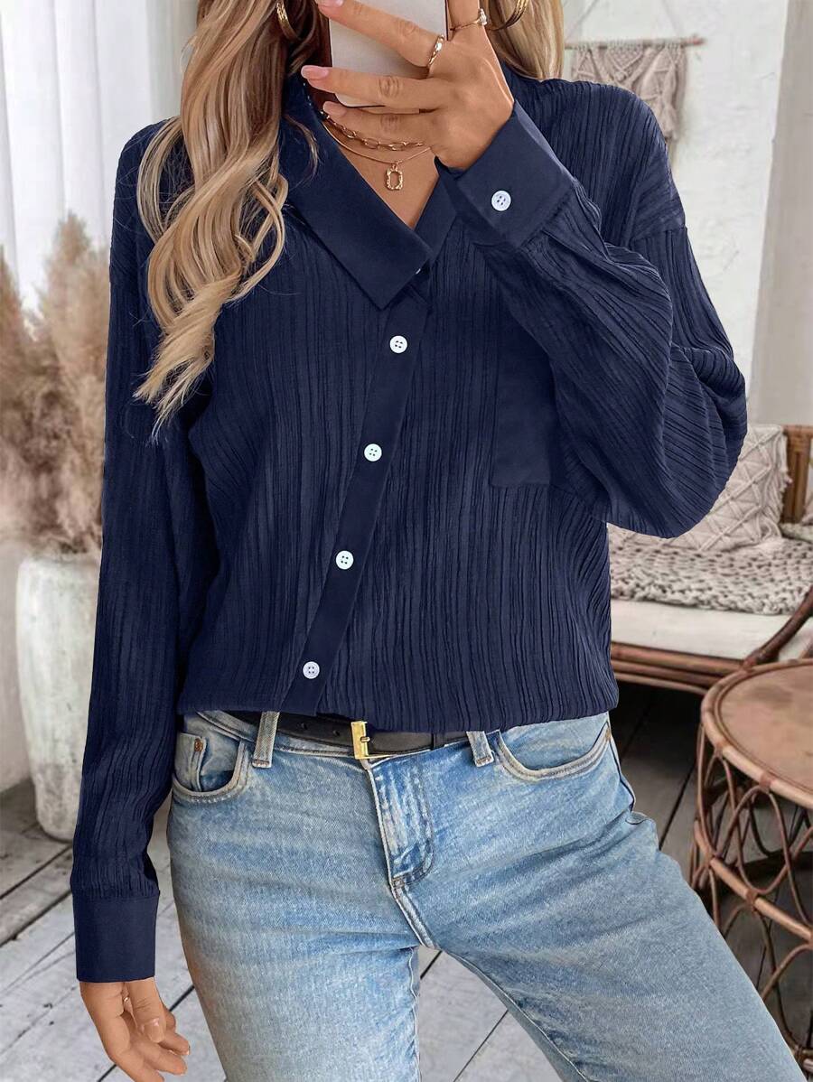 SHEIN LUNE Asymmetric Collar Long Sleeve Solid Color Casual Shirt, Spring & Autumn