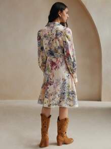 Anewsta Women's V-Neck Long Sleeve All-Over Retro Floral Print Lantern Sleeve Dress - Purple - View 7