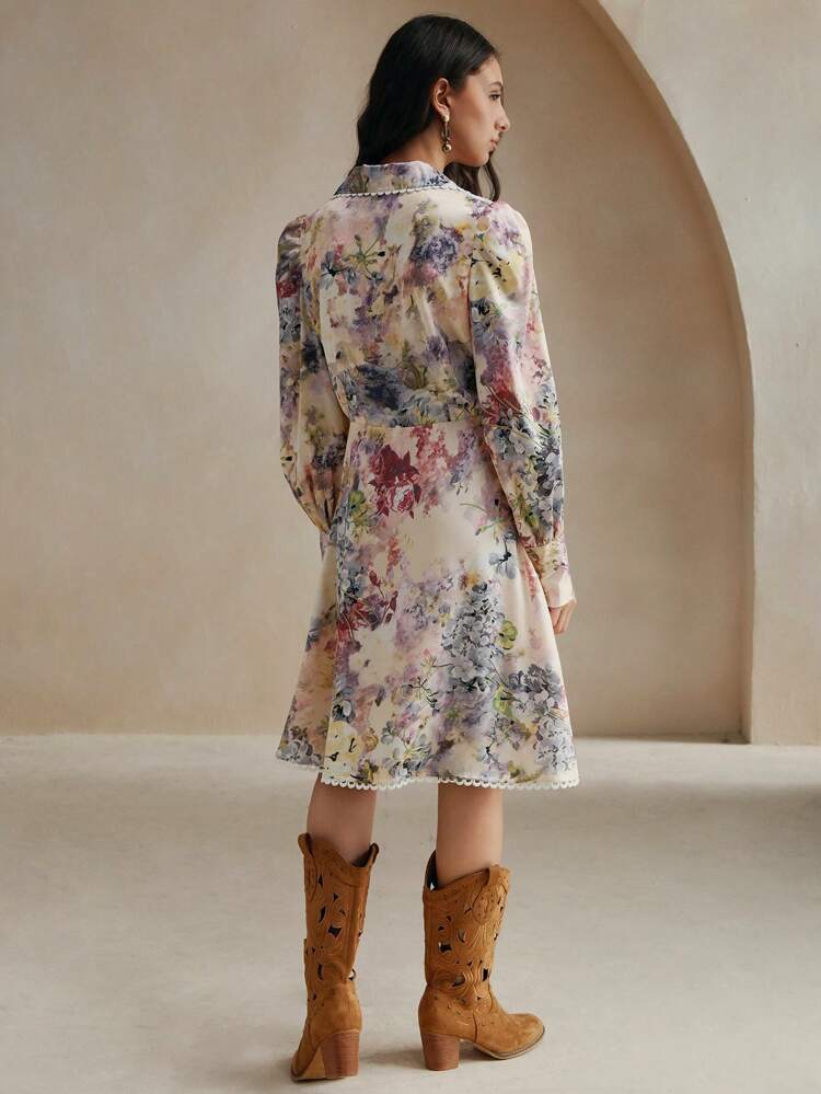 Women's V-Neck Long Sleeve All-Over Retro Floral Print Lantern Sleeve Dress