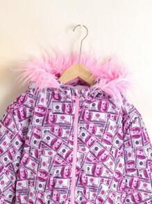 Tienermeisjes Casual Bont Capuchon Korte Allover Print Gewatteerde Jas