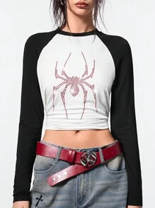 SHEIN EZwear 女款 Y2K 针织蜘蛛图案钻石图案长款 T 恤 - 黑與白 - 查看 3